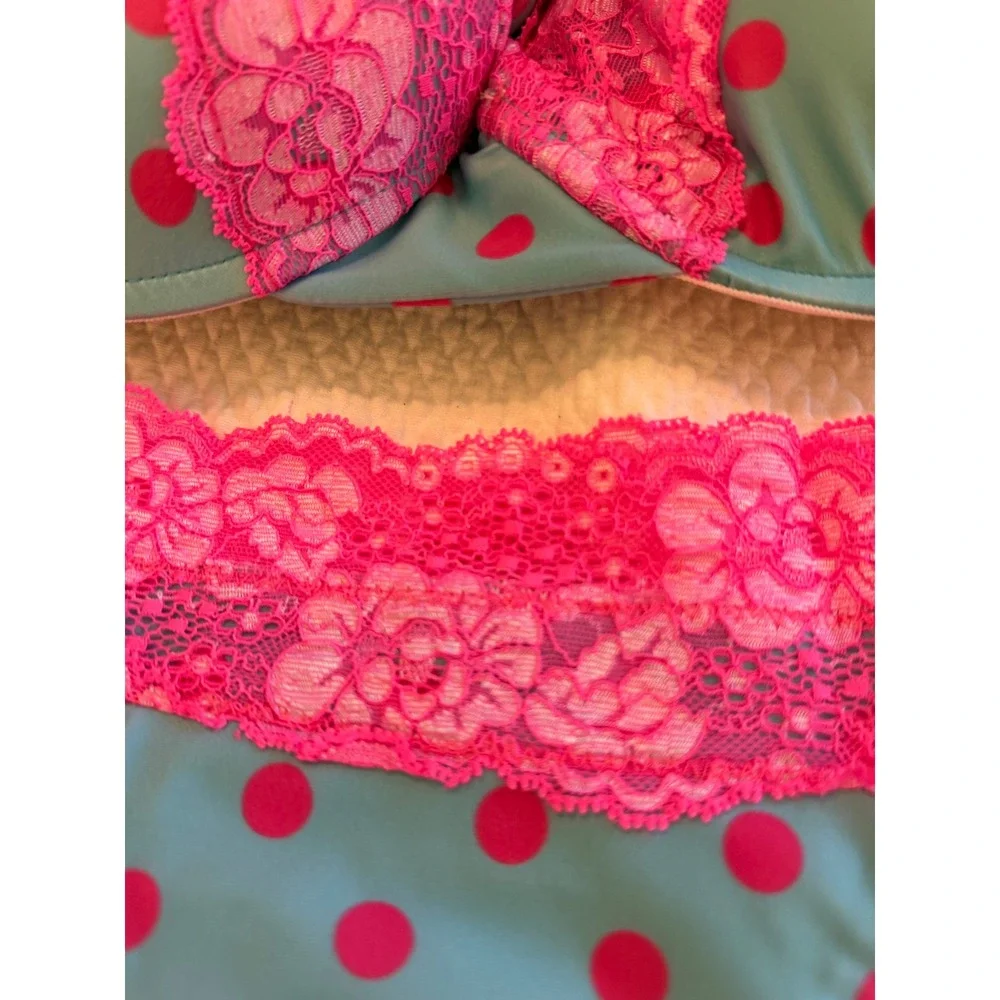 Rare Beach Bunny Polka Dot Lace Bikini Set Teal Pink Halter Top XL Bottom L